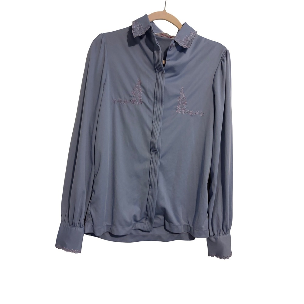 Collections Blouse Vintage Embroidered Periwinkle‎ Blue Scalloped Cuff L